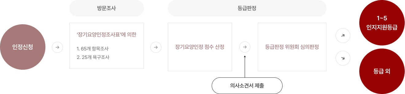 등급 판정절차 — 인정신청, 방문조사, 등급판정, 인지지원등급 및 등급 외